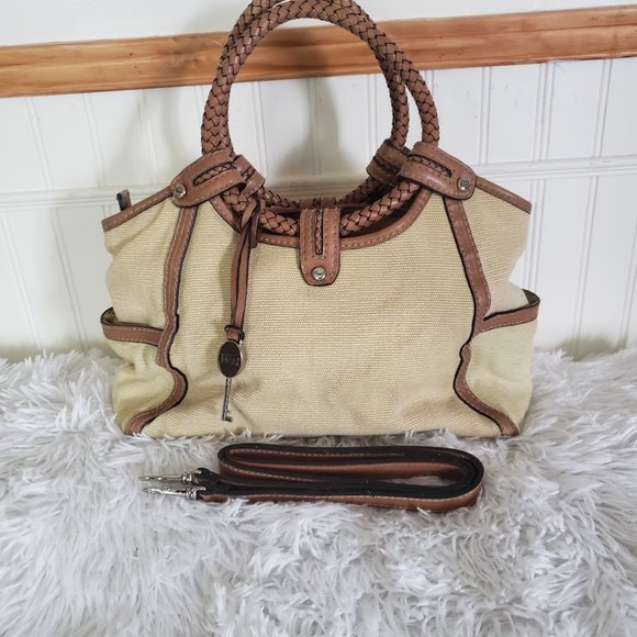 Fossil Womens Satchel Brown Fabric & Leather Braid Handles Key Charm Modern Vtg - Picture 16 of 16